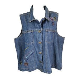 Quacker Factory Denim Vest Womens Large Embroidered Stars Button Up Jean Jacket